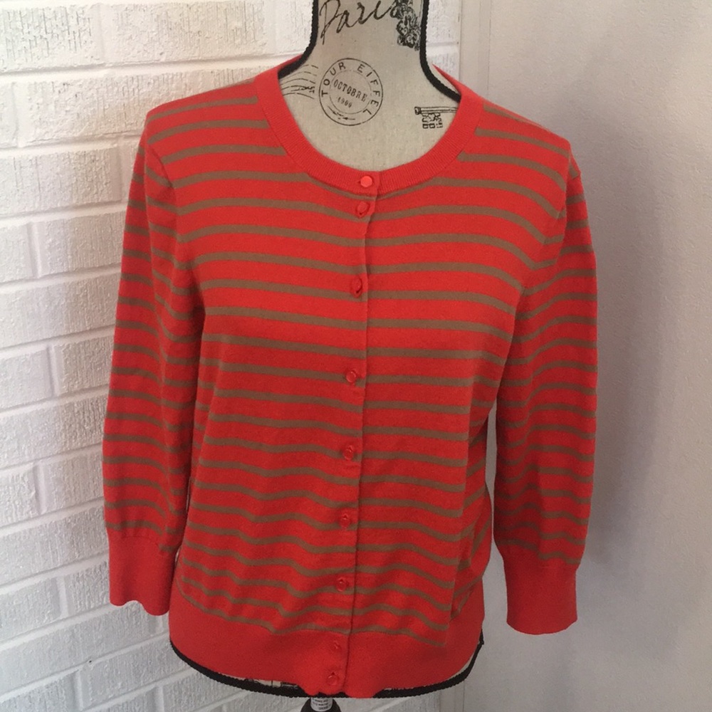 JCrew XL Orange/Tan Striped Cardigan Sweater Crew